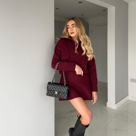 Zara Set - Burgundy Wool Blend Knit Zip Sweater & Mini Skirt - Picture 5 of 17